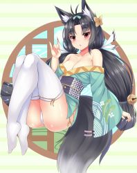 Rule 34 | 1girl, :o, animal ear fluff, animal ears, ass, azur lane, bell, black hair, blush, breasts, cleavage, collarbone, commentary request, eyebrows, fox ears, fox shadow puppet, fox tail, full body, hair bell, hair intakes, hair ornament, hair ribbon, highres, japanese clothes, jitome, kimono, legs together, legs up, long hair, low twintails, medium breasts, nail, off shoulder, open mouth, panties, parted bangs, plantar flexion, red eyes, ribbon, shoes, unworn shoes, short kimono, sitting, sogaya, solo, split bangs, tail, thighhighs, twintails, underwear, white thighhighs, yuubari (azur lane)