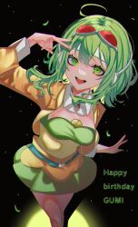 Rule 34 | 1girl, arm up, black background, breasts, character name, cleavage, colored eyelashes, detached collar, eyelashes, from above, goggles, goggles on head, green eyes, green hair, gumi, happy birthday, hat iue, headphones, highres, looking at viewer, open mouth, short hair, short hair with long locks, skirt, smile, solo, spotlight, standing, v, vocaloid