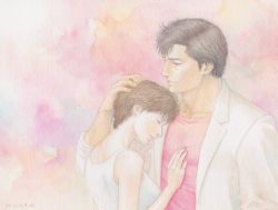 Rule 34 | 1boy, 1girl, black hair, brown hair, city hunter, colored pencil (medium), couple, hand on another&#039;s chest, hand on another&#039;s head, head on chest, jy (xyz-1919), makimura kaori, manly, md5 mismatch, painting (medium), resolution mismatch, saeba ryou, short hair, source larger, traditional media, watercolor (medium)
