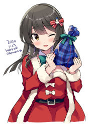 Rule 34 | 1girl, belt, belt buckle, black belt, black hair, blush, buckle, dated, detached collar, green ribbon, hair ornament, kantai collection, long hair, long sleeves, odawara hakone, one-hour drawing challenge, one eye closed, open mouth, oyashio (kancolle), ribbon, santa costume, simple background, smile, solo, twitter username, white background, yellow eyes