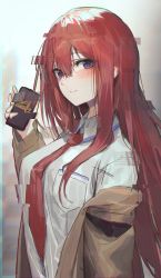 Rule 34 | 1girl, blush, breast pocket, breasts, brown jacket, cellphone, closed mouth, collared shirt, glitch, hair between eyes, highres, holding, holding phone, jacket, large breasts, long hair, long sleeves, looking at viewer, makise kurisu, necktie, off shoulder, open clothes, open jacket, phone, pocket, poharo, purple hair, red hair, red necktie, shirt, smartphone, smile, solo, steins;gate, very long hair, white shirt