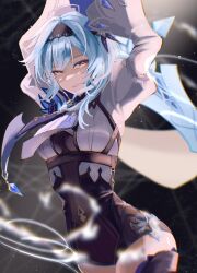 Rule 34 | 1girl, arms up, basilian 31, black background, black hairband, blue hair, blue necktie, boots, cape, chest harness, closed mouth, cowboy shot, dark background, eula (genshin impact), film grain, genshin impact, gradient eyes, greatsword, hair between eyes, hairband, hands up, harness, high-waist shorts, highres, holding, holding sword, holding weapon, light particles, light rays, long sleeves, looking at viewer, medium hair, multicolored eyes, necktie, purple eyes, serious, shaded face, shorts, sidelocks, solo, sword, sword behind back, thigh boots, vision (genshin impact), weapon, white sleeves, wide sleeves