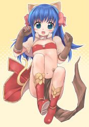 Rule 34 | 1girl, :d, animal ears, bikini, bikini top only, blue eyes, blue hair, blush, boots, bow, brooch, brown capelet, brown gloves, capelet, cat brooch, cat ears, commentary request, elbow gloves, emurin, flat chest, full body, gloves, hair bow, highres, jewelry, long hair, looking at viewer, mage (ragnarok online), majiko (emurin), midriff, navel, open mouth, outline, pelvic curtain, pink bow, ragnarok online, red bikini, red footwear, red skirt, showgirl skirt, skirt, smile, solo, star-shaped pupils, star (symbol), swimsuit, symbol-shaped pupils, white outline, yellow background