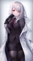 Rule 34 | 1girl, black gloves, black jacket, black pantyhose, black skirt, blazer, blush, card, collared shirt, commentary request, cowboy shot, eyes visible through hair, gloves, grey shirt, hair over one eye, hand up, highres, holding, holding card, jacket, lab coat, long hair, long sleeves, looking at viewer, miniskirt, necktie, original, oyuwari, pantyhose, parted lips, pinstripe pattern, pinstripe shirt, red eyes, red necktie, shirt, silver hair, simple background, skirt, solo, standing, striped clothes, striped shirt, thigh strap, vertical-striped clothes, vertical-striped shirt, white background