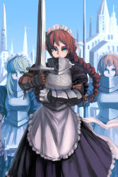 Rule 34 | 3girls, apron, armor, black dress, blue eyes, braid, breastplate, castle, day, dress, expressionless, gauntlets, green eyes, highres, holding, holding sword, holding weapon, knight, long braid, looking at viewer, maid, maid apron, maid headdress, multiple girls, original, outdoors, puffy short sleeves, puffy sleeves, red hair, short sleeves, silver hair, single braid, sword, virgosdf, weapon, white apron, wind