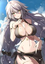 Rule 34 | 1girl, ahoge, armlet, bare shoulders, bikini, black bikini, blue sky, blush, bracelet, braid, breasts, choker, cleavage, closed mouth, cloud, comeo (komeo15), fate/grand order, fate (series), hair between eyes, highres, jeanne d&#039;arc (fate), jeanne d&#039;arc alter (avenger) (fate), jeanne d&#039;arc alter (fate), jewelry, large breasts, long hair, navel, necklace, outdoors, sarong, silver hair, sky, swimsuit, thighlet, thighs, very long hair, yellow eyes