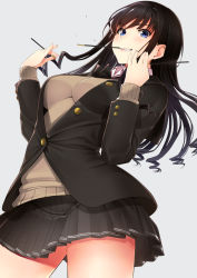 Rule 34 | 1girl, amagami, black hair, black skirt, blazer, blue eyes, blush, breasts, commentary request, food, from below, grin, highres, jacket, large breasts, long hair, looking at viewer, morishima haruka, mouth hold, pleated skirt, pocky, santa (sunflower), school uniform, skirt, smile, solo, sweater