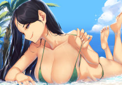 Rule 34 | 1girl, arm support, barefoot, beach, bikini, bikini tan, black hair, blueorca, breasts, collarbone, day, dripping, feet, feet up, fingernails, green bikini, half-closed eyes, head tilt, highres, large breasts, lips, long hair, looking at viewer, lying, on ground, on stomach, original, outdoors, palm tree, parted bangs, pulling own clothes, purple eyes, side-tie bikini bottom, smirk, soles, solo, strap pull, string bikini, sunlight, swimsuit, tan, tanline, the pose, tree, water, wet