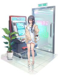 Rule 34 | 1girl, absurdres, alternate costume, arcade cabinet, bag, bandaid, bandaid on knee, bandaid on leg, bare legs, black hair, braid, braided ponytail, breasts, brown cardigan, butyou (mika1412), cardigan, casual, commentary, dress, earrings, exia (nikke), frilled dress, frills, full body, glass door, goddess of victory: nikke, hair between eyes, hair over shoulder, handbag, high heels, highres, jewelry, charm (object), laplace (nikke), long hair, looking at viewer, medium breasts, necklace, nintendo switch, off shoulder, open cardigan, open clothes, parted lips, plant, potted plant, purple eyes, short dress, simple background, skirt hold, sleeveless, sleeveless dress, sleeves past wrists, smile, solo, standing, stool, sweatdrop, tile floor, tiles, white background, white dress, white footwear