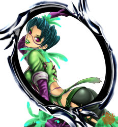 Rule 34 | 1girl, aqua hair, arm up, ass, back, belt, blade, bodypaint, chakram, cowboy shot, cross-laced clothes, eiserne drossel (weapon), elbow gloves, eyeshadow, facepaint, facial mark, feathers, from side, gloves, green hair, green lips, grin, head tilt, holding, holding weapon, huge weapon, jewelry, leaning forward, legs apart, lipstick, looking at viewer, looking back, makeup, mole, mole under eye, pants, pink eyes, purple eyes, purple gloves, ring, ring blade, short hair, simple background, smile, solo, soul calibur, soulcalibur, soulcalibur iii, tira (soulcalibur), torn clothes, weapon, white background, xuexue yue hua