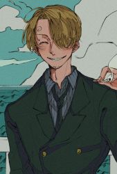 Rule 34 | 1boy, ^ ^, blonde hair, cigarette, closed eyes, closed eyes, facial hair, formal, grin, hair over one eye, hiraharu, holding, holding cigarette, male focus, necktie, ocean, one piece, outdoors, sanji (one piece), smile, smoking, solo, suit