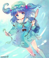 Rule 34 | 1girl, amo (shibu3), backpack, bag, blue eyes, blue hair, boots, breasts, cattail, hair bobbles, hair ornament, hat, highres, kawashiro nitori, key, long sleeves, looking at viewer, matching hair/eyes, medium breasts, plant, pocket, puffy long sleeves, puffy sleeves, rubber boots, shirt, skirt, skirt set, smile, solo, touhou, twintails, two side up