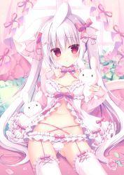 Rule 34 | 1girl, :o, animal, animal ears, babydoll, bare shoulders, blush, bow, bow panties, breasts, breasts apart, cameltoe, cleft of venus, commentary request, frilled panties, frilled thighhighs, frills, gluteal fold, hair between eyes, hair bow, hands up, hasune, highres, holding, holding animal, jacket, long hair, long sleeves, looking at viewer, medium breasts, navel, off shoulder, original, panties, parted lips, pink jacket, rabbit, rabbit ears, red bow, red eyes, silver hair, sleeves past wrists, solo, striped, striped bow, thighhighs, twintails, underwear, very long hair, white panties, white thighhighs