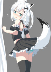 Rule 34 | 1girl, absurdres, ahoge, animal ear fluff, animal ears, black skirt, black thighhighs, blush, braid, commentary request, curtains, earrings, fox ears, fox girl, fox tail, green eyes, grey background, hair between eyes, highres, hololive, jewelry, long hair, looking at viewer, open mouth, panties, shirakami fubuki, shirayuki (snow link), sidelocks, simple background, single braid, skirt, solo, striped clothes, striped panties, tail, thighhighs, underwear, virtual youtuber, white hair, white panties