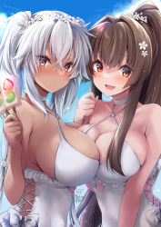 Rule 34 | 2girls, asymmetrical docking, black nails, blue sky, breast press, breasts, brown eyes, brown hair, casual one-piece swimsuit, cherry blossoms, choker, cloud, cloudy sky, cosplay, dark-skinned female, dark skin, dated, day, duplicate, food, frilled one-piece swimsuit, frilled swimsuit, frills, glasses, grey-framed eyewear, grey hair, hair between eyes, highres, holding, holding food, ice cream, ice cream bar, kantai collection, large breasts, long hair, looking at viewer, mashiro yukiya, melting, multiple girls, musashi (kancolle), musashi kai ni (kancolle), nail polish, one-piece swimsuit, open mouth, outdoors, pixel-perfect duplicate, ponytail, popsicle, rectangular eyewear, red eyes, sagiri (kancolle), sagiri (kancolle) (cosplay), semi-rimless eyewear, side-tie swimsuit, sky, smile, swimsuit, twintails, twitter username, very long hair, white choker, white one-piece swimsuit, yamato (kancolle)