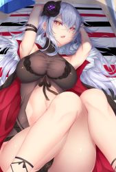 Rule 34 | 1girl, alternate costume, arm strap, azur lane, beach mat, black flower, black one-piece swimsuit, breasts, cleavage, clothing cutout, cooler, crossed bangs, cup, day, drinking glass, earrings, feet out of frame, flower, graf zeppelin (azur lane), graf zeppelin (beachside urd) (azur lane), groin, hair between eyes, hair flower, hair ornament, hand on own head, head tilt, highres, innertube, jewelry, knees up, large breasts, long hair, looking at viewer, lying, messy hair, navel, navel cutout, on back, one-piece swimsuit, open mouth, outdoors, parted lips, red eyes, revealing clothes, see-through, shade, shiny skin, shiro usagi, sidelocks, silver hair, skindentation, sky, solo, stomach, stud earrings, swim ring, swimsuit, thighs, tropical drink, twitter username, wet, wrist straps