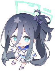 Rule 34 | 1girl, absurdly long hair, absurdres, aqua eyes, aris (blue archive), black bow, black hair, blue archive, bow, chibi, dress, hair bow, halo, highres, idol clothes, long hair, long sleeves, open mouth, ponytail, shirt, simple background, solo, twintails, urotsuki (2013.04), very long hair, white background, white dress, white footwear, white shirt