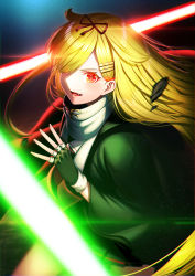 Rule 34 | 1girl, black cape, black gloves, black ribbon, black serafuku, black skirt, blonde hair, cape, commentary request, cosplay, darth vader, darth vader (cosplay), fang, fingerless gloves, fingernails, gloves, glowing, glowing eye, hair flaps, hair ornament, hair ribbon, hairclip, kantai collection, long hair, neckerchief, open mouth, pleated skirt, red eyes, red neckerchief, ribbon, scarf, school uniform, serafuku, skirt, solo, star wars, unowen, white scarf, yuudachi (kancolle)