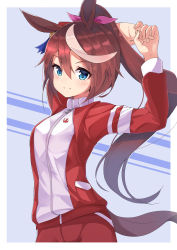 Rule 34 | 1girl, absurdres, animal ears, arms behind head, arms up, blue background, blue eyes, blush, breasts, brown hair, closed mouth, commentary request, hair between eyes, hair ribbon, high ponytail, highres, horse ears, horse girl, horse tail, j young, jacket, long hair, multicolored hair, pants, ponytail, purple ribbon, red jacket, red pants, ribbon, small breasts, smile, solo, streaked hair, tail, tokai teio (umamusume), track jacket, two-tone background, umamusume, very long hair, white background, white hair, zipper pull tab