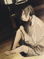 Rule 34 | 1girl, bare legs, barefoot, brown hair, closed mouth, commentary, daruma karei, dutch angle, english commentary, grey shorts, halo, highres, indoors, looking at viewer, on floor, orange eyes, original, shirt, short hair, shorts, sitting, sleeves rolled up, smile, solo, table, white shirt, wooden floor