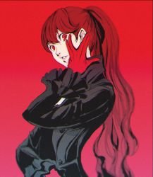 Rule 34 | 1girl, black jacket, black ribbon, collared jacket, frilled sleeves, frills, gloves, gradient background, hair between eyes, hand on own cheek, hand on own face, highres, jacket, lips, long hair, long sleeves, looking at viewer, parted lips, persona, persona 5, persona 5 the royal, pink background, ponytail, raibellchiori, red background, red eyes, red gloves, red hair, ribbon, solo, teeth, very long hair, yoshizawa kasumi