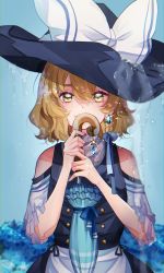 Rule 34 | 1girl, absurdres, apron, bare shoulders, black dress, black hat, blonde hair, blue background, blue flower, blush, bow, bush, buttons, closed mouth, dress, earrings, flower, hair between eyes, hands up, hat, hat bow, highres, jewelry, kirisame marisa, looking at viewer, short hair, short sleeves, smile, solo, touhou, uchisaki himari, umbrella, water, white apron, white bow, white sleeves, witch hat, yellow eyes