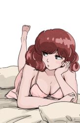 Rule 34 | 1girl, barefoot, bed, blush, breasts, brown eyes, cleavage, curly hair, eyeshadow, hand on own cheek, hand on own face, highres, lace trim, leg up, lingerie, looking to the side, lying, maison ikkoku, makeup, medium breasts, nightgown, on bed, on stomach, pillow, pink nightgown, poppowerhearts, red hair, roppongi akemi, solo, underwear, white background