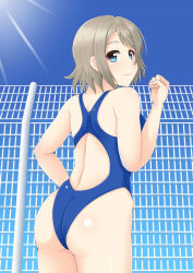 Rule 34 | 10s, 1girl, ass, back, back cutout, bare shoulders, blue eyes, blush, breasts, brown hair, clothing cutout, from behind, looking at viewer, looking back, love live!, love live! sunshine!!, medium breasts, one-piece swimsuit, school swimsuit, shiny clothes, shiny skin, short hair, sideboob, smile, solo, sonochi, standing, swimsuit, watanabe you