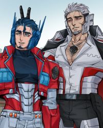 Rule 34 | 2boys, absurdres, autobot, blue eyes, blue hair, bunny ears prank, cowboy shot, decepticon, derivative work, facial hair, hairy, highres, humanization, insignia, large pectorals, looking at another, male focus, mecha, megatron, multiple boys, optimus prime, pectorals, red eyes, robot, science fiction, screenshot redraw, sin0ky, size difference, teeth, transformers, transformers: earthspark, white hair