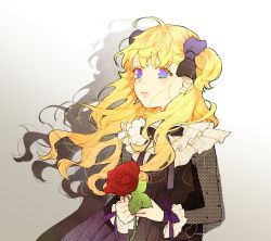 Rule 34 | 1girl, absurdres, black dress, blonde hair, blue bow, blue eyes, blunt bangs, bow, dress, emilico (shadows house), flower, hair bow, hair ornament, highres, hinamori (m nmy01), holding, holding flower, long hair, looking at viewer, red flower, rose, shadows house, solo, two side up