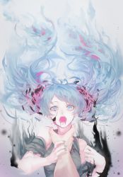 Rule 34 | 1girl, aqua eyes, asphyxiation, bad id, bad pixiv id, bare shoulders, blood, blue eyes, blue hair, cracked skin, detached sleeves, disembodied limb, dissolving clothes, floating hair, ghost rule (vocaloid), grey background, hand on another&#039;s arm, hand on another&#039;s neck, hatsune miku, highres, long hair, looking at viewer, mizutame tori, nail polish, necktie, open mouth, pink blood, pov, pov hands, shatter, solo focus, strangling, teeth, torn clothes, twintails, upper body, very long hair, vocaloid
