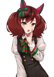 Rule 34 | 1girl, animal earmuffs, black dress, blush, bow, bowtie, brown eyes, collared shirt, commentary request, cowboy shot, dress, green bow, green neckwear, hair ribbon, hand up, highres, horse girl, kuronosu (yamada1230), long sleeves, looking at viewer, multicolored bow, multicolored hair, nice nature (umamusume), open mouth, pinafore dress, red hair, red neckwear, ribbon, shirt, sidelocks, simple background, sleeveless, sleeveless dress, solo, streaked hair, striped bow, striped bowtie, striped clothes, tareme, twintails, umamusume, white background, white shirt