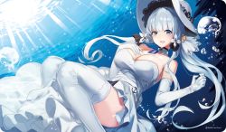 Rule 34 | 1girl, anchor symbol, artist name, azur lane, bare shoulders, blue eyes, blue gemstone, blush, breasts, bubble, choker, cleavage, collarbone, day, dress, elbow gloves, floating, floating hair, gem, gloves, hair ornament, hair ribbon, hand on own chest, hat, head tilt, highres, illustrious (azur lane), jewelry, knees together feet apart, lace-trim, lace-trimmed choker, lace-trimmed hat, lace trim, large breasts, light rays, long hair, looking at viewer, low twintails, mole, mole under eye, open mouth, pendant, ribbon, ringoen, smile, solo, sparkle, sun hat, thighhighs, thighs, tress ribbon, twintails, underwater, water, white dress, white gloves, white hair, white hat, white thighhighs
