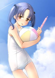 Rule 34 | 1girl, ball, bare arms, bare shoulders, beachball, black bow, blue hair, blue sky, bow, brown eyes, closed mouth, cloud, collarbone, commentary request, day, food, hair bow, highres, holding, holding food, hugging object, old school swimsuit, one-piece swimsuit, original, outdoors, parted bangs, school swimsuit, shibacha, sky, smile, solo, swimsuit, tongue, tongue out, tupet, twintails, white one-piece swimsuit