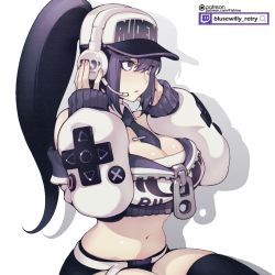 Rule 34 | 1girl, artist name, belt, black necktie, black thighhighs, breasts, chinese commentary, commentary request, copyright request, detached collar, detached sleeves, fingernails, fishine, from side, grey eyes, grey hair, hair between eyes, hat, headphones, lanmei, long hair, long sleeves, looking away, navel, necktie, parted lips, ponytail, shorts, simple background, solo, stomach, thighhighs, white background