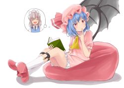 Rule 34 | 1girl, :d, ^ ^, ascot, bat wings, bean bag chair, blue hair, blue vest, book, braid, closed eyes, commentary request, expressionless, finger in own mouth, full body, hat, hat ribbon, holding, holding book, izayoi sakuya, legwear garter, looking back, looking to the side, maid headdress, mob cap, open book, open mouth, petticoat, pink footwear, pink hat, pink shirt, pink skirt, platform footwear, puffy short sleeves, puffy sleeves, red eyes, remilia scarlet, ribbon, shadow, shirt, short hair, short sleeves, silver hair, simple background, sitting, skirt, skirt set, smile, socks, solo, solo focus, thought bubble, touhou, twin braids, upper body, vest, white background, white shirt, white socks, wings, yamabukiiro (browncat), yellow ascot