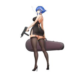 Rule 34 | 1girl, ass, back cutout, black dress, black footwear, black thighhighs, blue hair, breasts, cigarette, clothing cutout, dress, earrings, from behind, full body, game cg, garter straps, green eyes, gun, halterneck, high heels, highres, holding, holding case, holding gun, holding weapon, jewelry, kakiman, lace, lace-trimmed legwear, lace trim, large breasts, last origin, looking at viewer, looking back, machine pistol, median furrow, multicolored hair, necklace, official alternate costume, official art, sand girl (last origin), short dress, short hair, shoulder blades, side slit, sidelocks, skindentation, smoking, solo, streaked hair, tachi-e, thick thighs, thighhighs, thighs, tight clothes, tight dress, transparent background, two-tone hair, weapon, weapon case, white hair