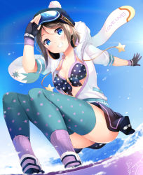 Rule 34 | 10s, 1girl, arm up, ass, beanie, bikini, bikini top only, black skirt, black thighhighs, blue-framed eyewear, blue eyes, blue hat, blue sky, blue thighhighs, blush, breasts, brown hair, cleavage, collarbone, copyright name, day, fingerless gloves, foreshortening, from below, front-tie bikini top, front-tie top, gloves, goggles, goggles on head, grin, hat, highres, hood, hooded jacket, jacket, komone ushio, looking at viewer, love live!, love live! school idol festival, love live! sunshine!!, medium breasts, mountain, open clothes, open jacket, outdoors, outstretched arm, parted lips, pocket, polka dot, polka dot bikini, salute, shiny skin, short hair, skirt, sky, smile, snow, snowboard, solo, star (symbol), star print, swimsuit, tareme, teeth, thighhighs, upskirt, watanabe you, white jacket