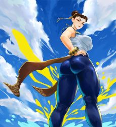Rule 34 | 1girl, ass, bare shoulders, breasts, brown eyes, brown hair, calad g, capcom, china dress, chinese clothes, chun-li, double bun, dress, from behind, from below, hair bun, hair ribbon, highres, huge ass, large breasts, leggings, looking at viewer, looking down, pants, ribbon, shiny clothes, shiny skin, short hair, sideboob, skin tight, solo, street fighter, street fighter 6, tight clothes, tight pants