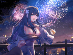 Rule 34 | 1girl, 1other, :d, arknights, astesia (arknights), bad id, bad pixiv id, blue eyes, blue hair, breasts, breasts out, chinese commentary, commentary request, exhibitionism, fireworks, holding, holding hands, index finger raised, japanese clothes, kimono, large breasts, lingshalan, long sleeves, looking at viewer, night, nipples, no bra, open clothes, open kimono, open mouth, out of frame, outdoors, pointing, pov, public indecency, purple hair, purple kimono, railing, red hair, simple background, smile, solo focus, star (sky), upper body, wide sleeves
