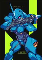Rule 34 | 1girl, breasts, colored sclera, covered navel, dated, gun, gundam, gundam 0080, highres, holding, holding gun, holding weapon, horns, kampfer (mobile suit), large breasts, looking to the side, mecha, michi kuso, pink eyes, purple sclera, robot, shotgun, signature, single horn, solo, weapon, zeon