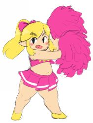 Rule 34 | 1boy, belly, black eyes, blonde hair, blush stickers, bow, cheerleader, cheerleader link, crop top, crossdressing, full body, hair bow, holding, holding pom poms, link, looking at viewer, male focus, navel, nintendo, official alternate costume, open mouth, pink bow, pink skirt, plump, pointy ears, pom pom (cheerleading), pom poms, ponytail, shogu (shoguchime), sidelocks, skirt, sleeveless, smile, solo, standing, the legend of zelda, the legend of zelda: tri force heroes, thick thighs, thighs, trap, yellow footwear