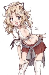 Rule 34 | :d, bad id, bad twitter id, blonde hair, blue eyes, bow, breasts, cleavage, erakin, feet out of frame, girls und panzer, highres, kay (girls und panzer), leaning forward, long hair, looking at viewer, medium breasts, midriff, navel, open mouth, pleated skirt, ponytail, red skirt, shirt, signature, simple background, skirt, smile, solo, standing, thighhighs, tied shirt, v, white background, white shirt, white thighhighs
