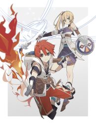 1boy 1girl adol_christin armor axe bare_shoulders battle_axe blonde_hair blue_eyes brown_eyes buckler curtained_hair double-parted_bangs flaming_sword flaming_weapon george_man gloves hair_between_eyes highres holding holding_axe holding_shield hood hoodie jewelry karja_balta looking_at_viewer pendant red_hair shield short_hair side_ponytail simple_background spiked_hair sword two-tone_background weapon white_background ys ys_x_nordics