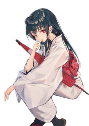 Rule 34 | 1girl, black legwear, blue hair, closed umbrella, commentary, grey kimono, hair bun, hand to own mouth, huanxiang heitu, invisible chair, japanese clothes, kimono, long sleeves, looking at viewer, love live!, love live! sunshine!!, obi, oil-paper umbrella, pink eyes, red umbrella, sash, side bun, simple background, single side bun, sitting, smile, solo, symbol-only commentary, tsushima yoshiko, umbrella, white background, wide sleeves