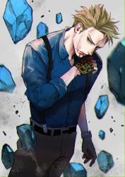 Rule 34 | blonde hair, blood, blood from mouth, blood on face, blood on hands, blouse, blue shirt, collared shirt, green eyes, grey background, highres, jujutsu kaisen, male focus, nanami kento, rubble, shirt, sleeves rolled up, solo, suspenders, wanwanodaisuki, watch