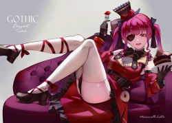 Rule 34 | 1girl, absurdres, ass, bad id, bad pixiv id, black gloves, breasts, brown footwear, cake, character name, cleavage, collared shirt, commentary request, corset, couch, detached sleeves, donggua bing cha, dress, english text, eyepatch, food, fork, frilled dress, frills, fruit, full body, garter straps, gloves, gothic lolita, grey background, hair ribbon, hat, high heels, highres, holding, holding fork, holding plate, hololive, houshou marine, houshou marine (gothic lolita), huge filesize, large breasts, leaning back, leg up, legs, lolita fashion, long sleeves, looking at viewer, official alternate costume, open mouth, plate, pocket watch, red dress, red eyes, ribbon, see-through, see-through cleavage, shadow, shiny skin, shirt, sidelocks, solo, strawberry, thighhighs, thighs, twintails, virtual youtuber, watch, white thighhighs