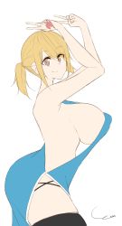 Rule 34 | 1girl, absurdres, artist name, bare shoulders, black thighhighs, blonde hair, blue dress, breasts, brown eyes, dress, fairy tail, highres, huge breasts, long hair, looking at viewer, low twintails, lucy heartfilia, sideboob, simple background, smile, solo, tattoo, thick thighs, thighhighs, thighs, twintails, white background