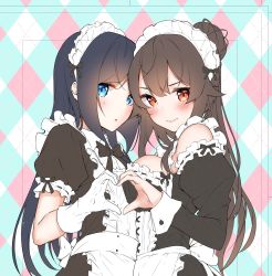 Rule 34 | 2girls, :s, alternate costume, apron, argyle, argyle background, argyle clothes, black bow, black dress, black hair, blue eyes, blush, bow, breasts, brown eyes, brown hair, collared shirt, commentary request, cuffs, dress, embarrassed, enmaided, frills, fuyushima enishi, gloves, harumachi hashira, heart, heart hands, heart hands duo, highres, large breasts, long hair, looking at viewer, maid, maid apron, maid headdress, multiple girls, open mouth, ponytail, puffy sleeves, sahara386, sex and dungeon, shirt, sidelocks, sleeve cuffs, small breasts, wa maid, waist apron, white gloves