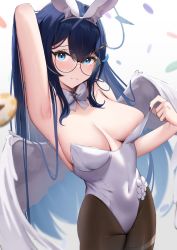 Rule 34 | 1girl, :3, absurdres, animal ears, arm up, armpits, black pantyhose, blue eyes, blue hair, blush, bow, bowtie, breasts, character request, cleavage, closed mouth, commentary, covered navel, english commentary, fake animal ears, glasses, hair ornament, hairband, hairclip, halo, highres, indie virtual youtuber, large breasts, leotard, long hair, looking at viewer, pantyhose, playboy bunny, skai kun, smile, solo, virtual youtuber, white background, white bow, white bowtie, white hairband, white leotard